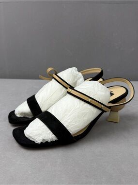 Jacquemus Black and Gold Slingback Block Heel Sandals